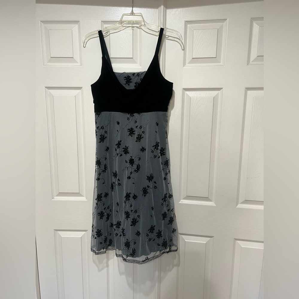 Grey‎ black Lace Layover Velvet Sleeves floral Midi Formal Prom dress Gown 8